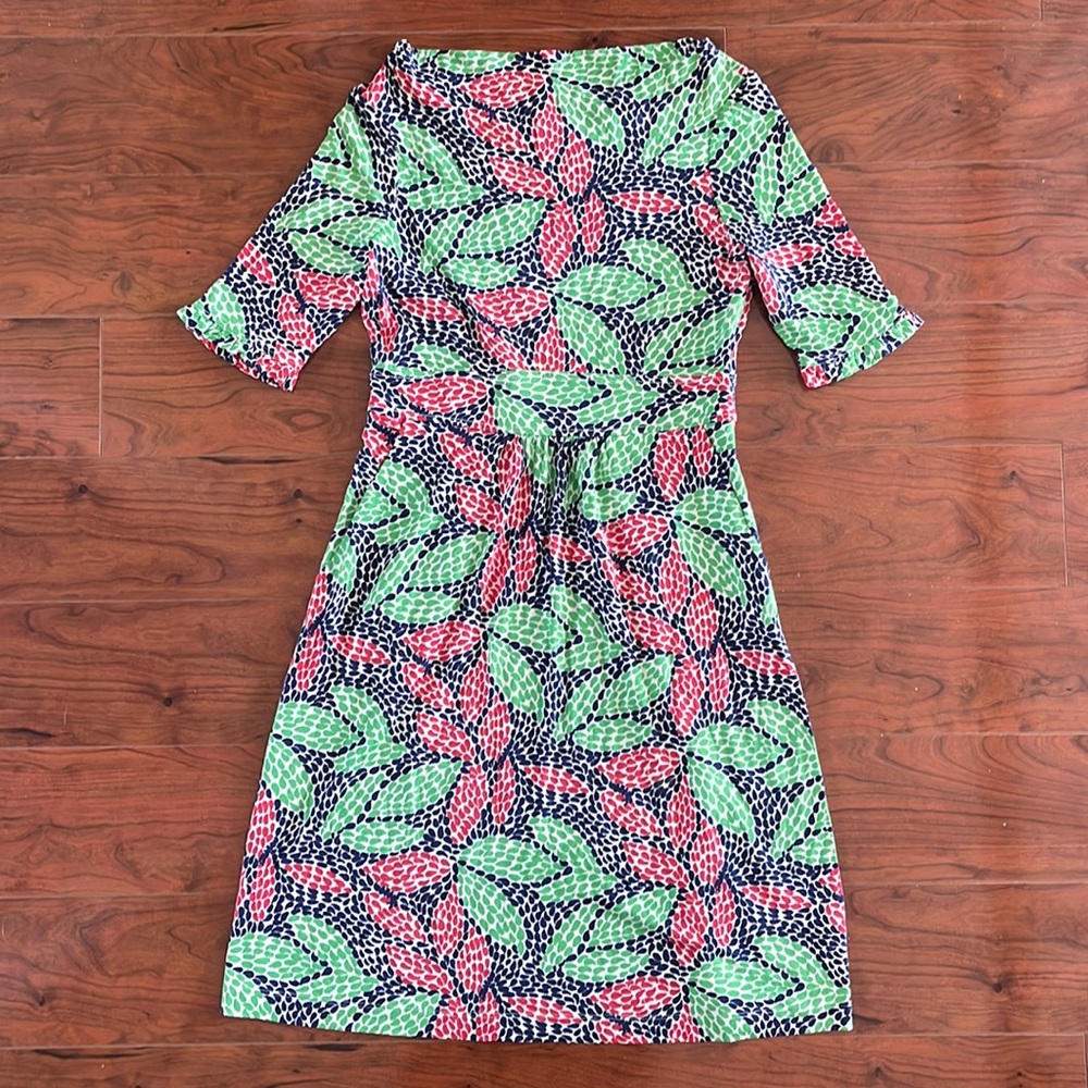 Lilly Pulitzer Green and Blue Silk Blend Half Sleeve Midi Pleated A Line Dress